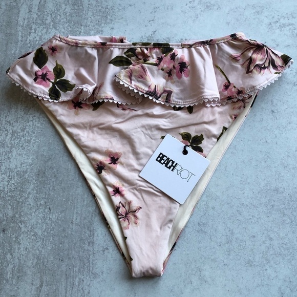 Beach Riot Daisy Ruffled High Rise Waist Bikini Bottom Pink Floral Size Large - Picture 12 of 13